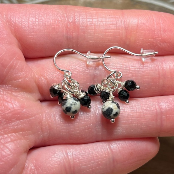 Dalmatian Jasper & Black Onyx 925 Sterling Silver Cluster Drop Dangle Earrings - Picture 7 of 8